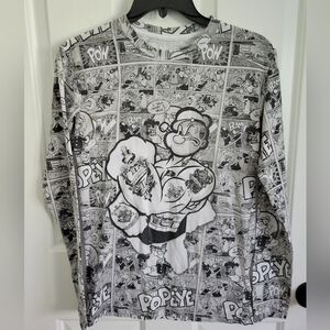 Popeye Womens Long Sleeve Comic White Gray Graphic Tee Size Small